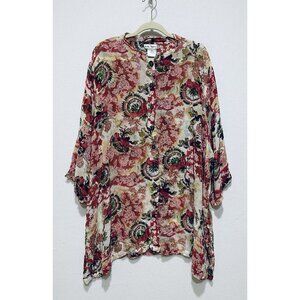 Ulla Popken Top Womens 32 Red Floral Sequin Crinkle Cottagecore Feminine Boho